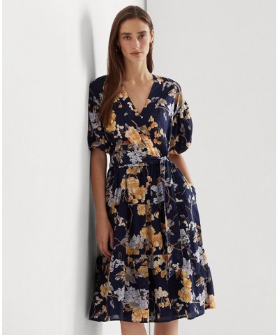 Women's Floral Belted Cotton Voile Dress Navy Multi $89.70 Dresses