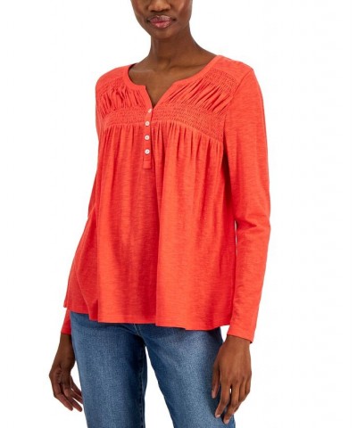 Petite Knit Smocked Long-Sleeve Top Red $12.79 Tops
