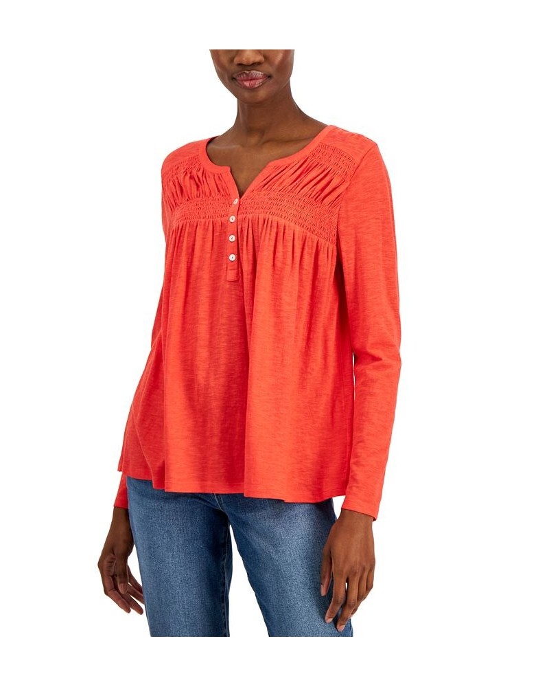 Petite Knit Smocked Long-Sleeve Top Red $12.79 Tops