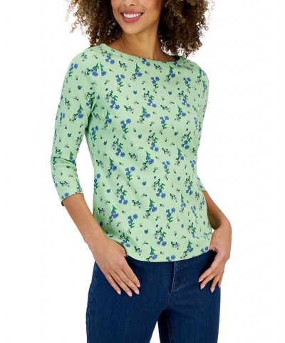 Petite Harmony Floral Boat-Neck Button-Trim Top Green $14.99 Tops