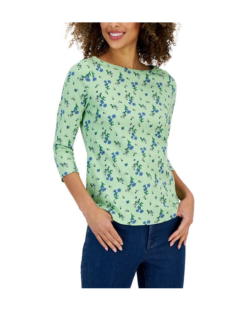 Petite Harmony Floral Boat-Neck Button-Trim Top Green $14.99 Tops