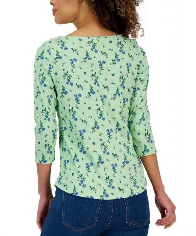 Petite Harmony Floral Boat-Neck Button-Trim Top Green $14.99 Tops