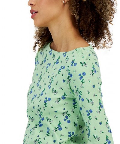 Petite Harmony Floral Boat-Neck Button-Trim Top Green $14.99 Tops