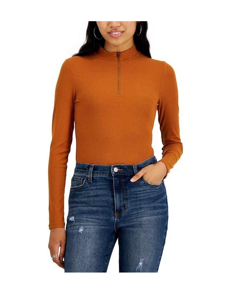 Juniors' Mock-Neck Zip-Front Bodysuit Brown $13.49 Tops