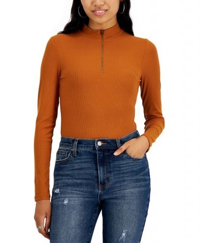 Juniors' Mock-Neck Zip-Front Bodysuit Brown $13.49 Tops