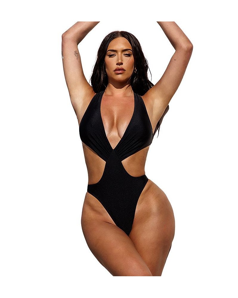 Women's X STASSIE Oasis Shiny Plunge Cutout Monokini Swimsuit Black $23.52 Swimsuits