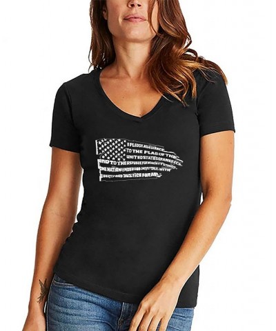 Women's Word Art Pledge of Allegiance Flag V-Neck T-Shirt Black $19.59 Tops