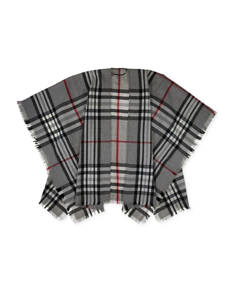 Women's Fringe-Trim Classic Plaid Kimono with Fringe Trim Gray $27.55 Sweaters