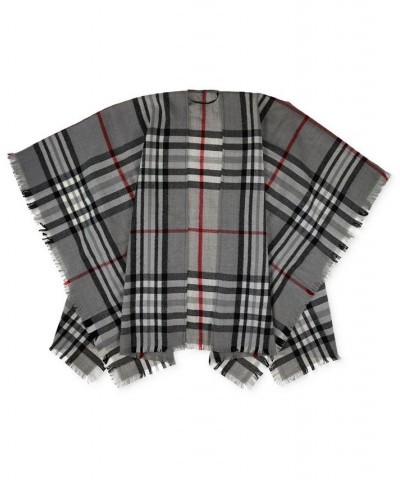 Women's Fringe-Trim Classic Plaid Kimono with Fringe Trim Gray $27.55 Sweaters