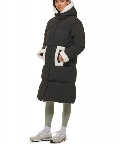 Women's Hooded Sherpa Trim Puffer Coat Black $94.50 Coats