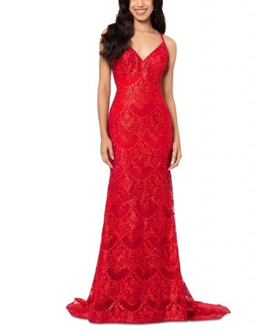 Women's Lace V-Neck Strappy-Back Gown Red $143.09 Dresses