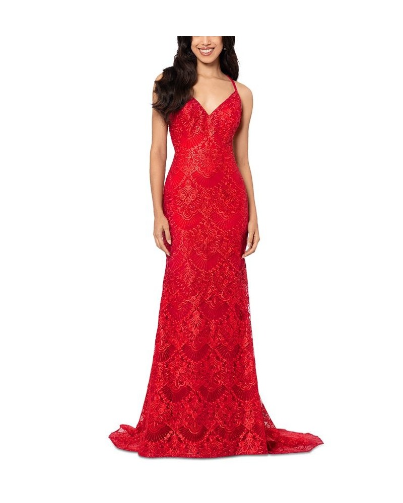 Women's Lace V-Neck Strappy-Back Gown Red $143.09 Dresses