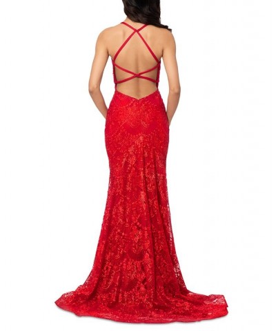 Women's Lace V-Neck Strappy-Back Gown Red $143.09 Dresses