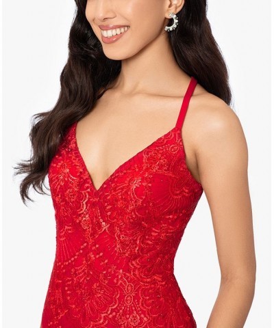 Women's Lace V-Neck Strappy-Back Gown Red $143.09 Dresses