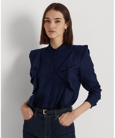 Women's Ruffle-Trim Linen Shirt French Navy $40.50 Tops