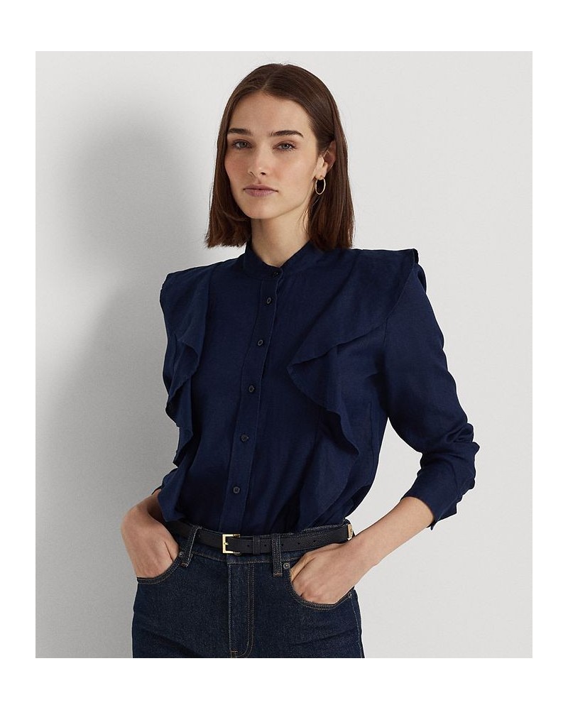 Women's Ruffle-Trim Linen Shirt French Navy $40.50 Tops