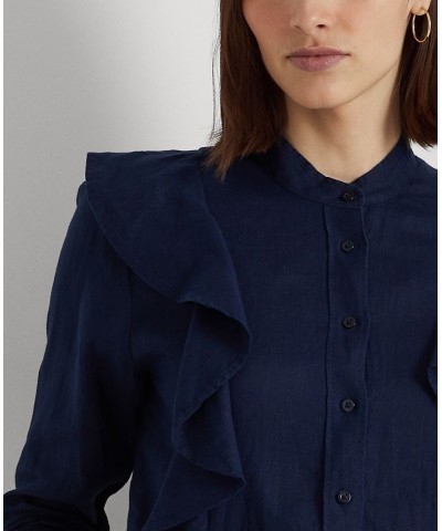 Women's Ruffle-Trim Linen Shirt French Navy $40.50 Tops