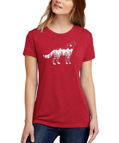Women's Premium Blend Howling Wolf Word Art T-shirt Red $18.50 Tops