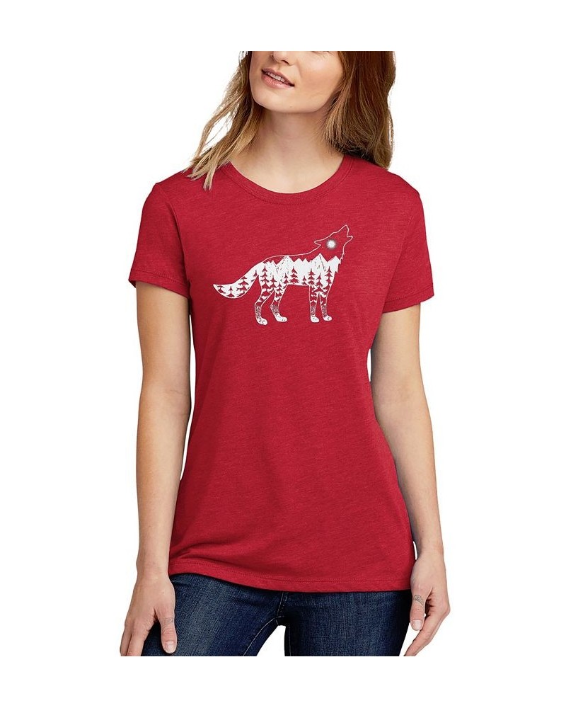 Women's Premium Blend Howling Wolf Word Art T-shirt Red $18.50 Tops