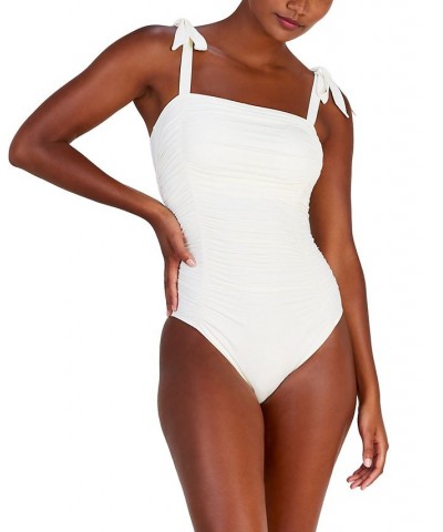 Women's Shirred Square-Neck One Piece Swimsuit Ivory $60.80 Swimsuits
