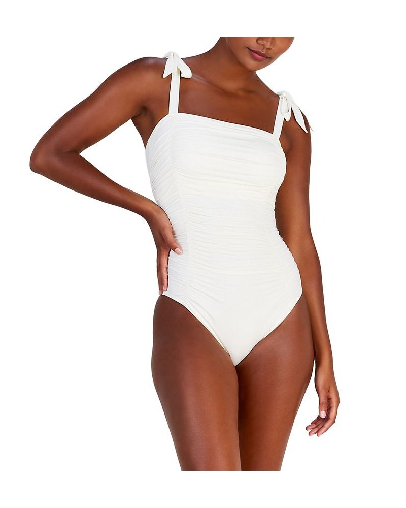 Women's Shirred Square-Neck One Piece Swimsuit Ivory $60.80 Swimsuits