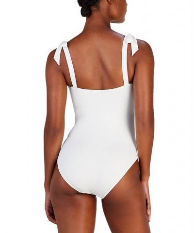 Women's Shirred Square-Neck One Piece Swimsuit Ivory $60.80 Swimsuits