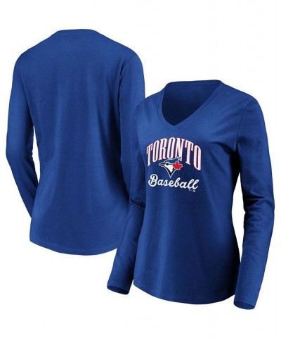 Women's Royal Toronto Blue Jays Victory Script V-Neck Long Sleeve T-shirt Royal $22.50 Tops