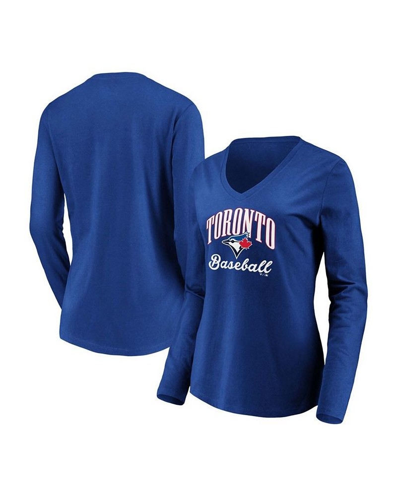 Women's Royal Toronto Blue Jays Victory Script V-Neck Long Sleeve T-shirt Royal $22.50 Tops