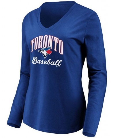 Women's Royal Toronto Blue Jays Victory Script V-Neck Long Sleeve T-shirt Royal $22.50 Tops