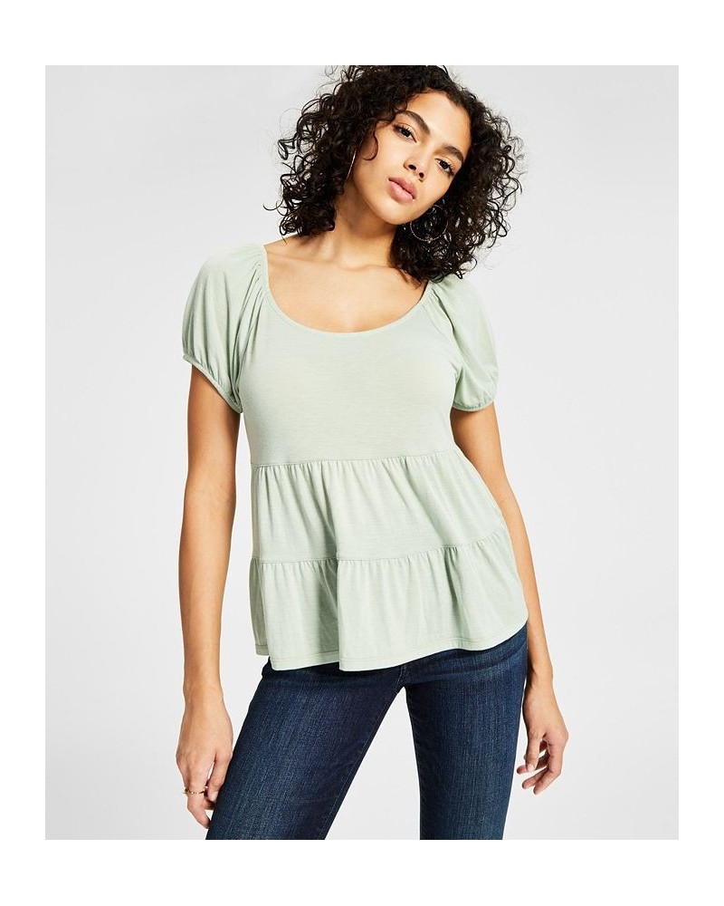 Juniors' Puffed-Sleeve Tiered Babydoll Top Green $13.20 Tops