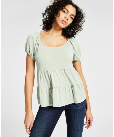 Juniors' Puffed-Sleeve Tiered Babydoll Top Green $13.20 Tops