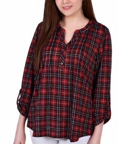 Women's 3/4 Roll Tab Sleeve Y-neck Top Red $19.47 Tops
