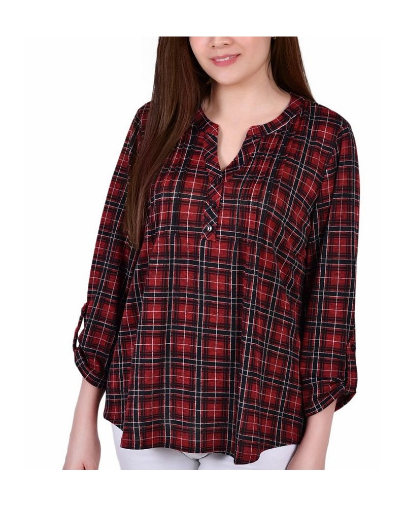 Women's 3/4 Roll Tab Sleeve Y-neck Top Red $19.47 Tops