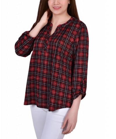 Women's 3/4 Roll Tab Sleeve Y-neck Top Red $19.47 Tops