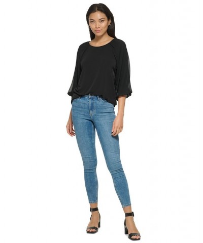 Plus Size Balloon Sleeve Blouse Black $20.90 Tops