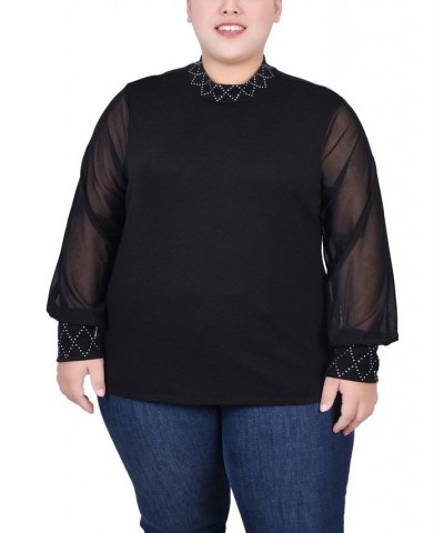 Plus Size Long Mesh Sleeve Pullover Top with Jewels Black $11.97 Tops