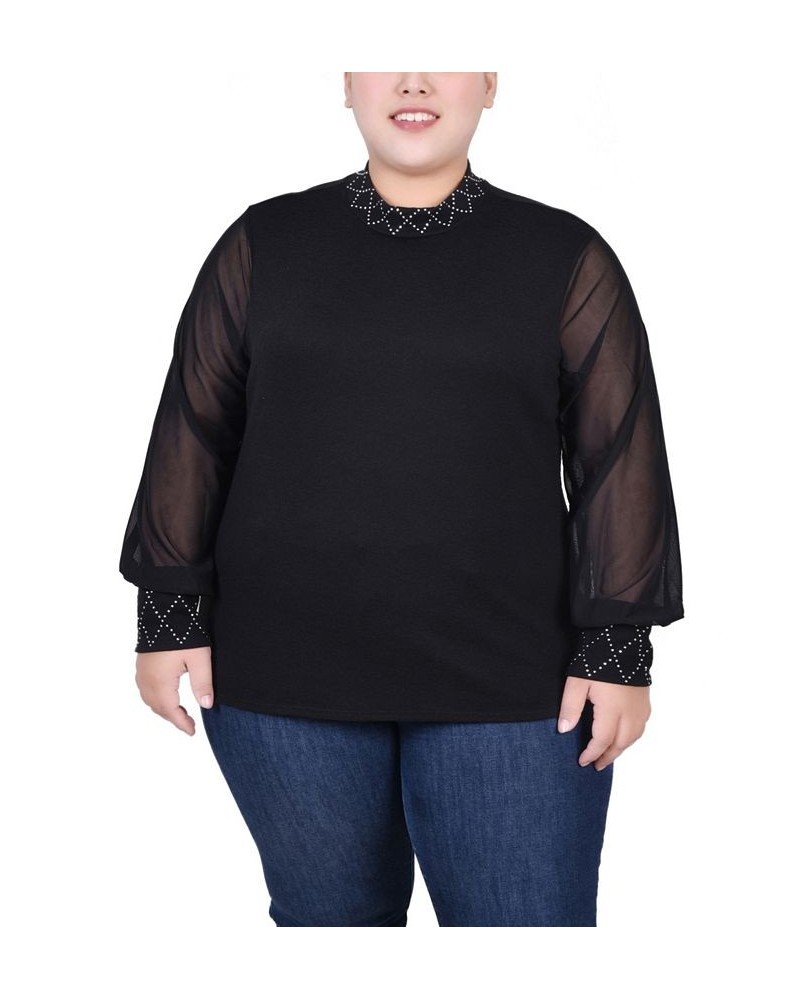 Plus Size Long Mesh Sleeve Pullover Top with Jewels Black $11.97 Tops