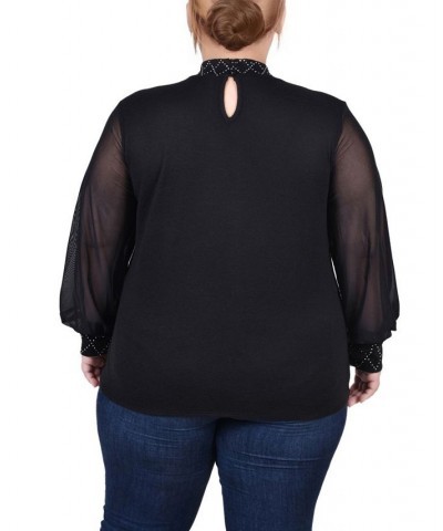 Plus Size Long Mesh Sleeve Pullover Top with Jewels Black $11.97 Tops