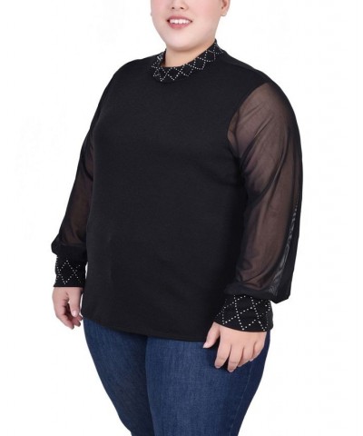 Plus Size Long Mesh Sleeve Pullover Top with Jewels Black $11.97 Tops