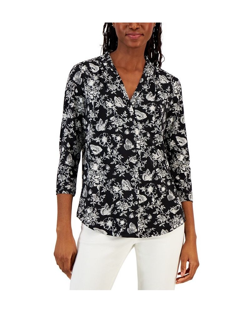 Petite Spring Toile Print V-Neck 3/4-Sleeve Top Deep Black Combo $15.99 Tops