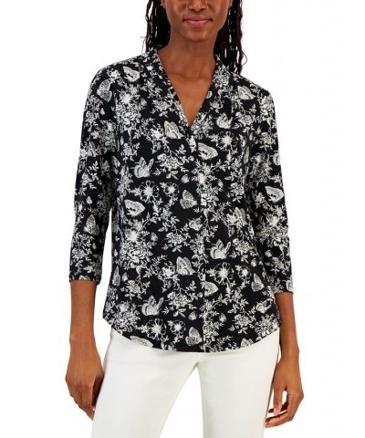 Petite Spring Toile Print V-Neck 3/4-Sleeve Top Deep Black Combo $15.99 Tops