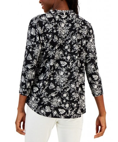 Petite Spring Toile Print V-Neck 3/4-Sleeve Top Deep Black Combo $15.99 Tops