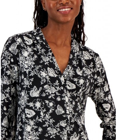 Petite Spring Toile Print V-Neck 3/4-Sleeve Top Deep Black Combo $15.99 Tops