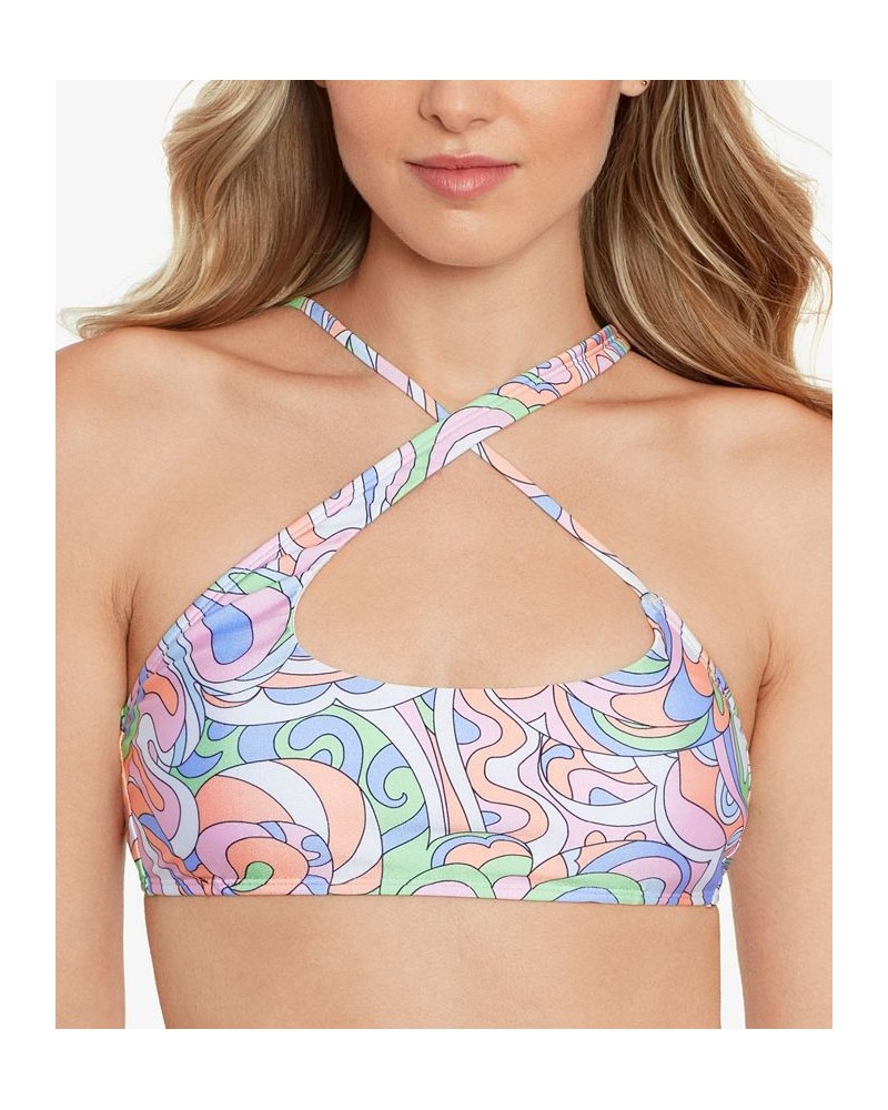 Juniors' Printed Criss-Cross Bikini Top & High Waist Bottoms Retro Waves Multi $18.89 Swimsuits