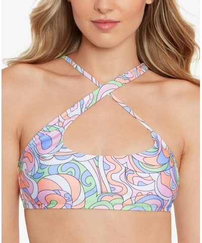 Juniors' Printed Criss-Cross Bikini Top & High Waist Bottoms Retro Waves Multi $18.89 Swimsuits