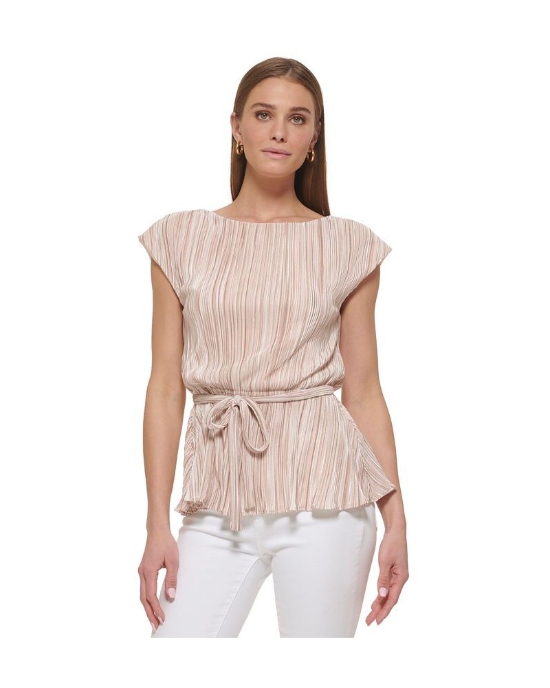 Women's Ribbed Tie-Waist Cap-Sleeve Top Cream / Sand $37.92 Tops