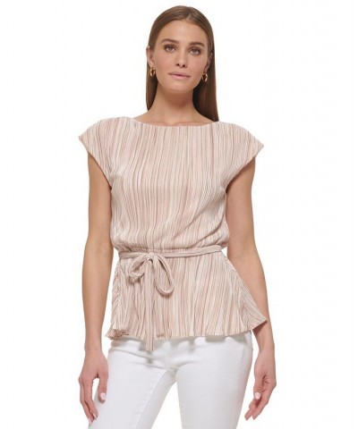 Women's Ribbed Tie-Waist Cap-Sleeve Top Cream / Sand $37.92 Tops