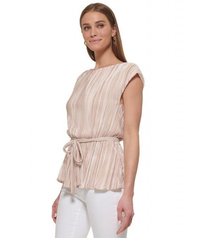 Women's Ribbed Tie-Waist Cap-Sleeve Top Cream / Sand $37.92 Tops