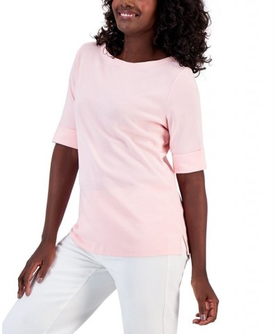 Petite Cotton Elbow-Sleeve T-Shirt Soft Pink $10.08 Tops