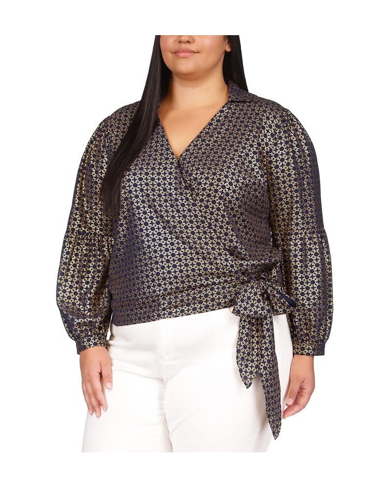 Plus Size Metallic Chain-Print Wrap Top Midnight Blue $60.00 Tops